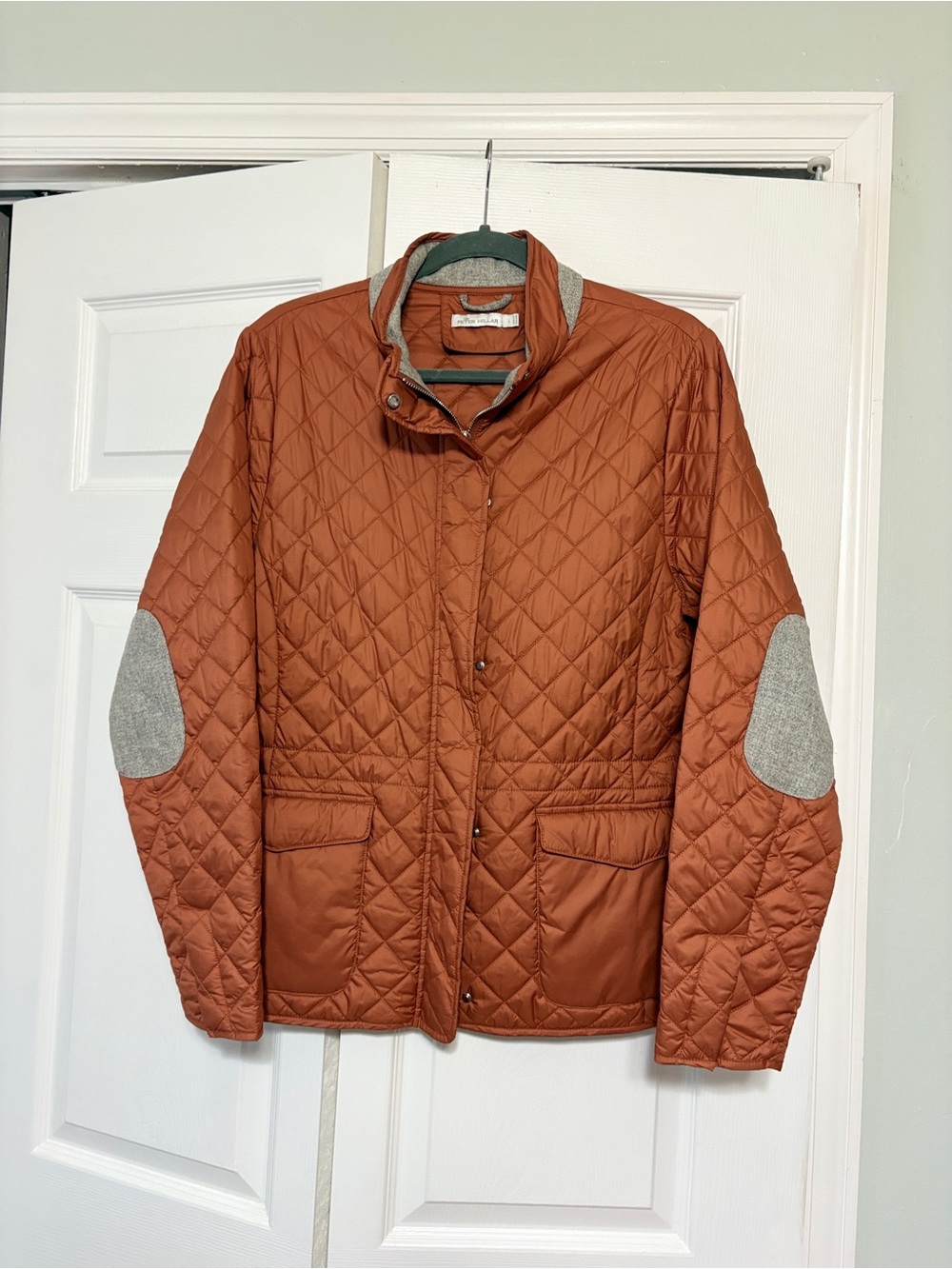Peter Millar Rust Quilted Puffer Jacket with Gray Elbow Patches woman’s